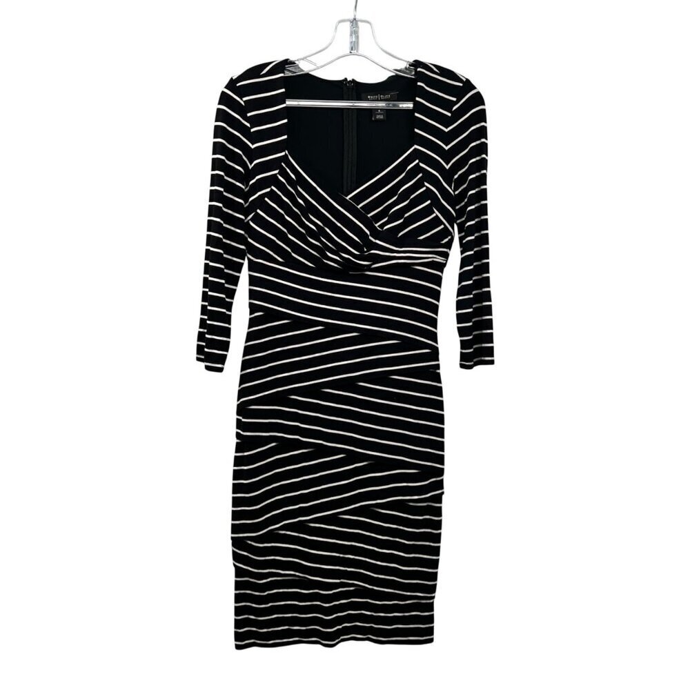 WHBM Womens Striped Sheath Dress Tiered 3/4 Sleeve Black/White Size 6 Zip